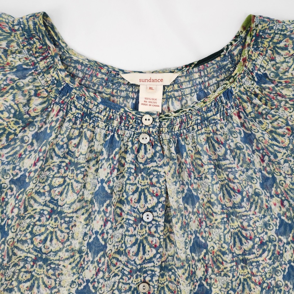 Sundance Womens Earthy Forest Boho Silk Top Size XL Artsy Peasant Romantic Sheer